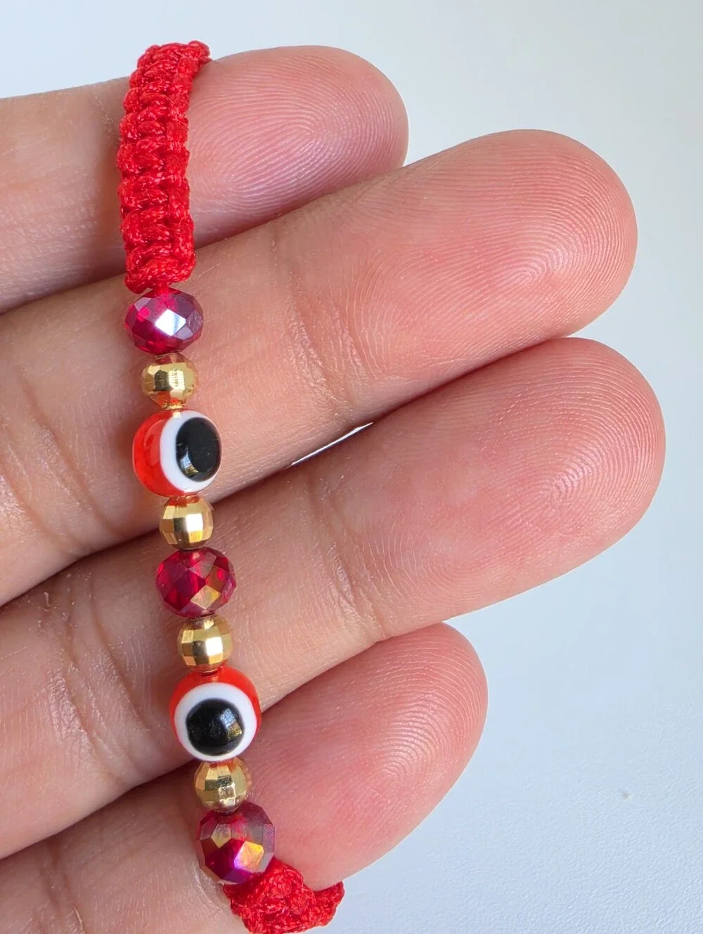 Handmade Red Evil Eye Adjustable Macrame Bracelet Gold Beads Protection Lucky